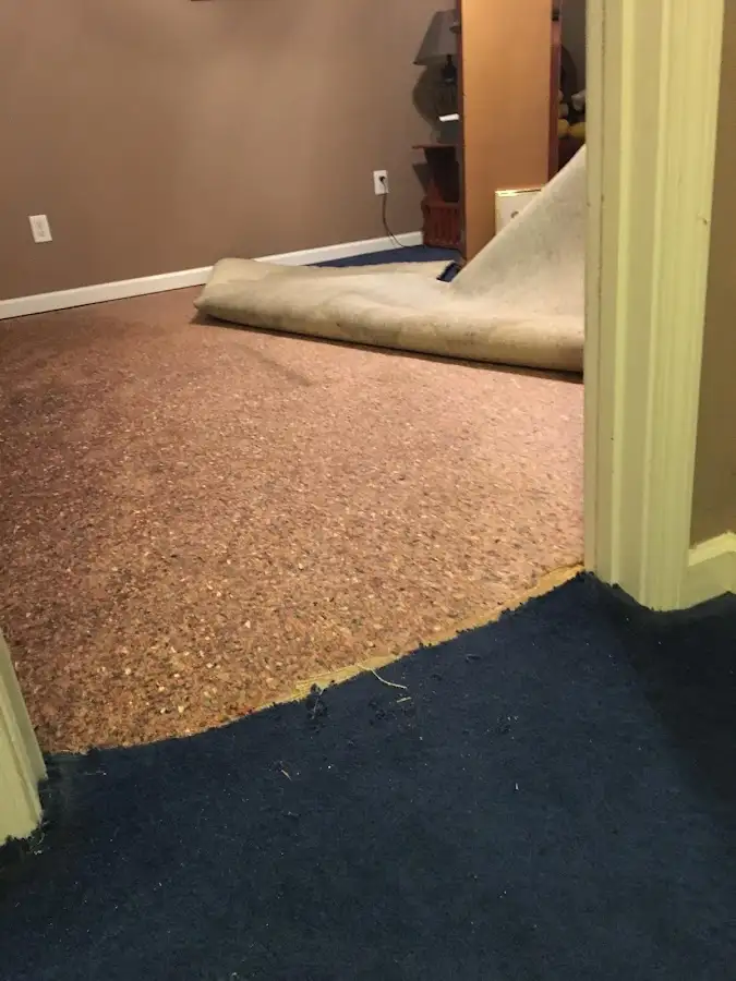 Carpet pad removal revealing water damage during Drying & Dehumidification in North Fayette